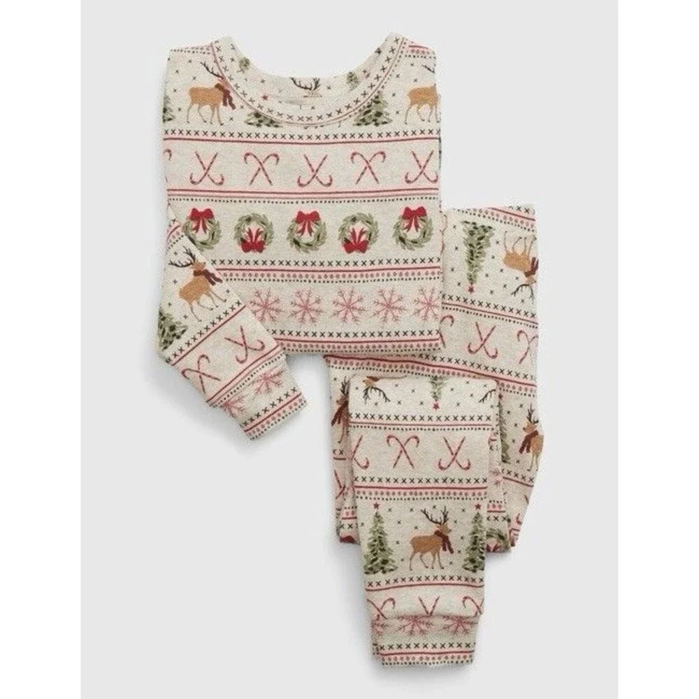 Gap Kids Christmas Pajamas Cotton Reindeer Candy Cane Vintage Print Boys Girls 6